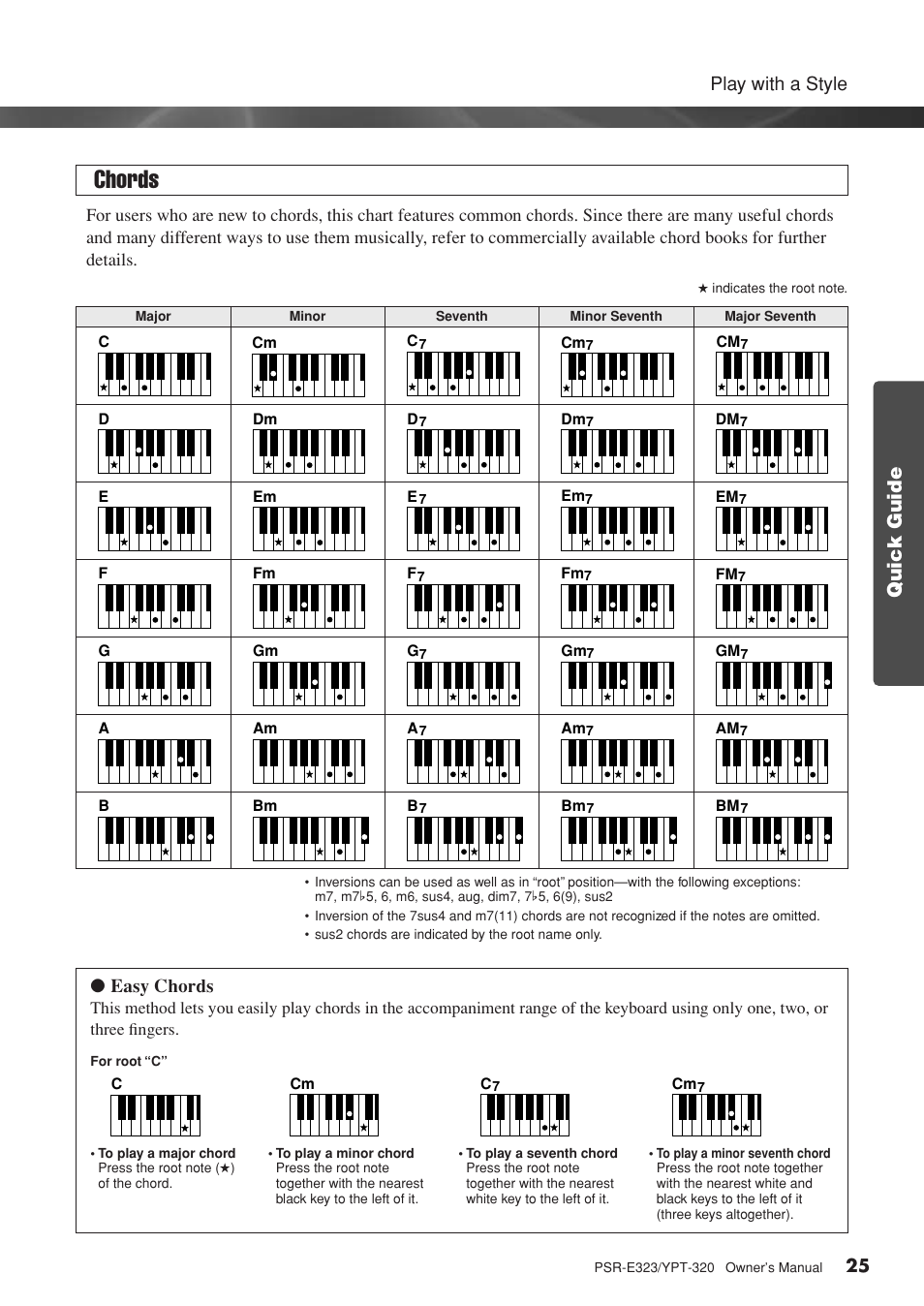 Chords, Quick guide, Play with a style | Easy chords | Yamaha YPT-320  EN User Manual | Page 25 / 80