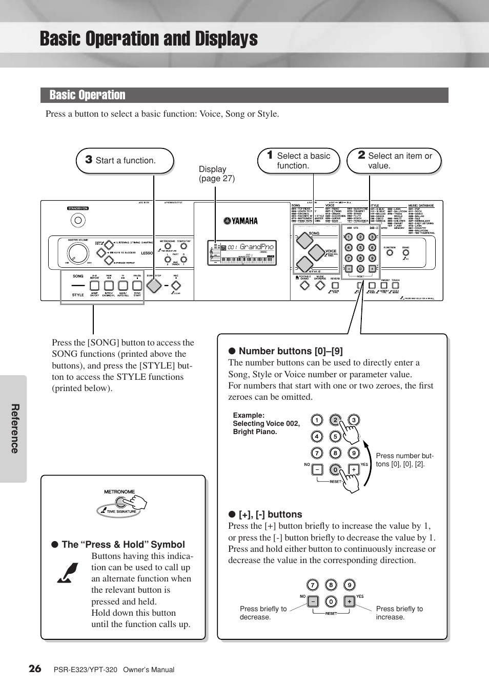 Reference, Basic operation and displays, Basic operation | Yamaha YPT-320  EN User Manual | Page 26 / 80