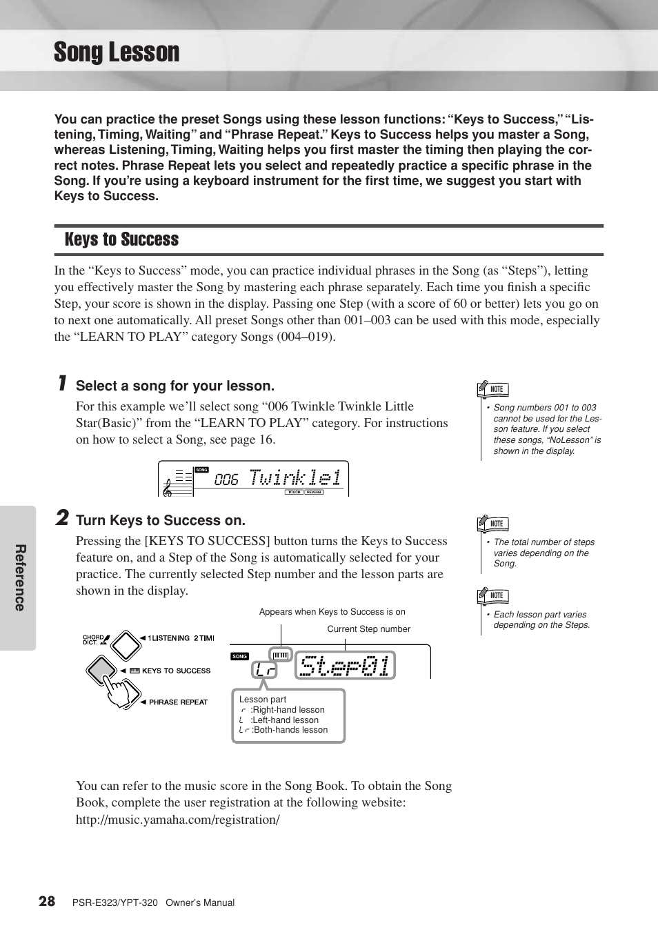 Song lesson, Keys to success, Step01 | Twinkle1 | Yamaha YPT-320  EN User Manual | Page 28 / 80