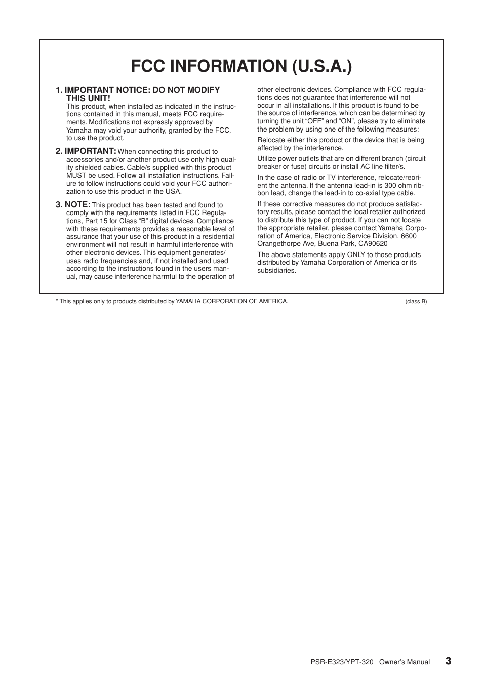 Fcc information (u.s.a.) | Yamaha YPT-320  EN User Manual | Page 3 / 80