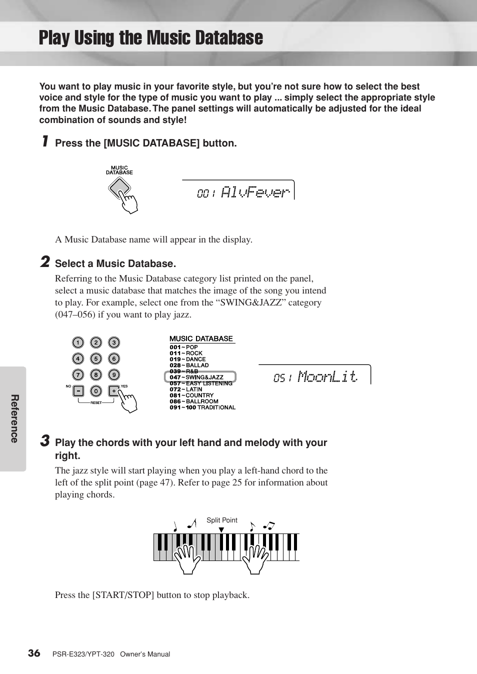 Play using the music database, Alvfever, Moonlit | Yamaha YPT-320  EN User Manual | Page 36 / 80