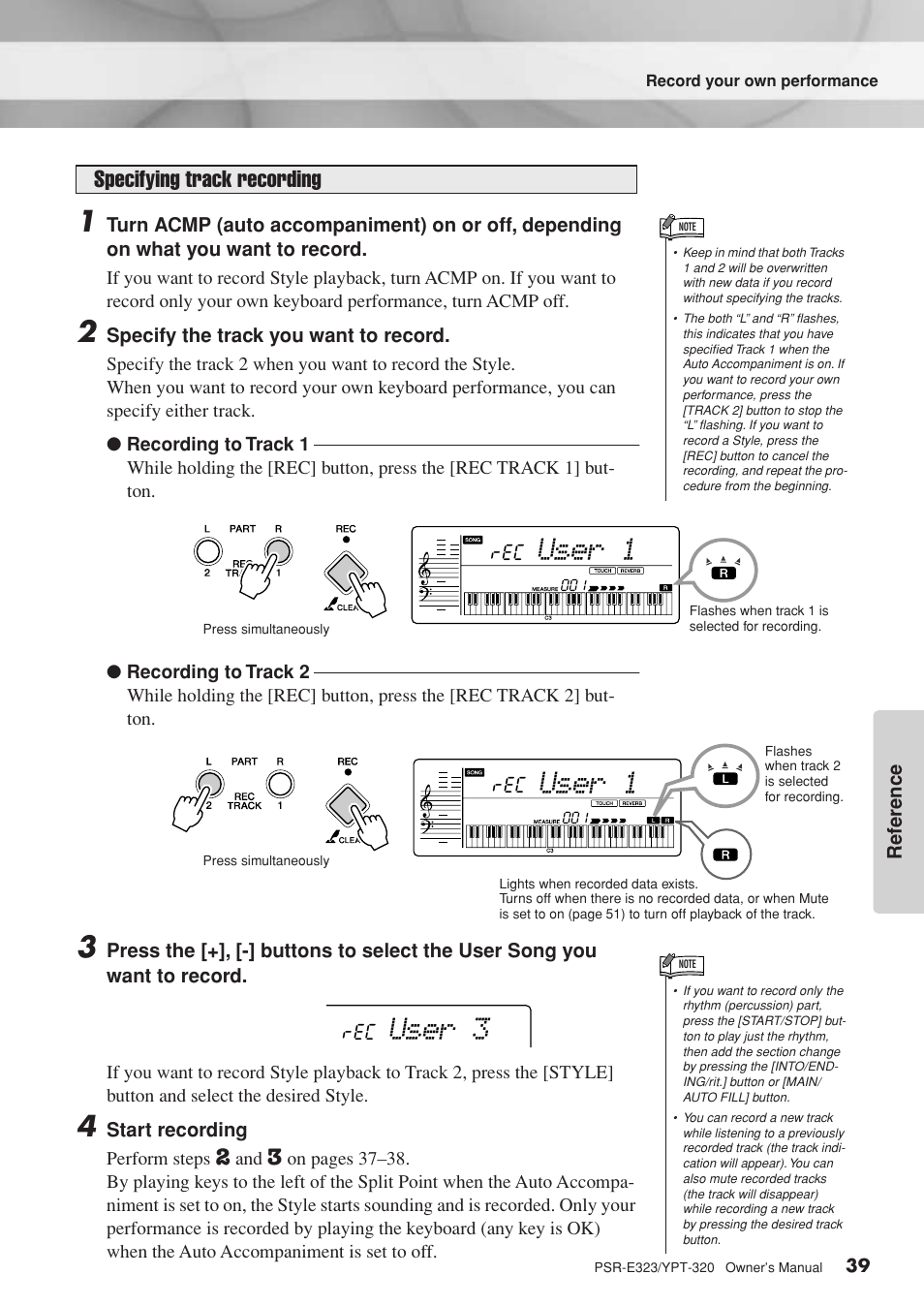 User 1, User 3, Specifying track recording | Yamaha YPT-320  EN User Manual | Page 39 / 80