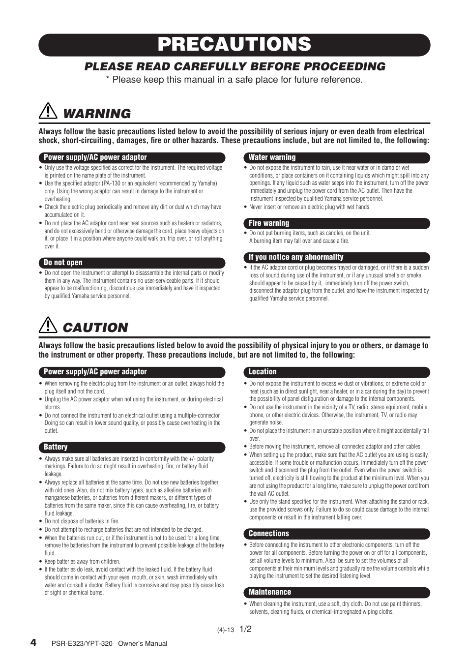 Precautions, Warning, Caution | Please read carefully before proceeding | Yamaha YPT-320  EN User Manual | Page 4 / 80
