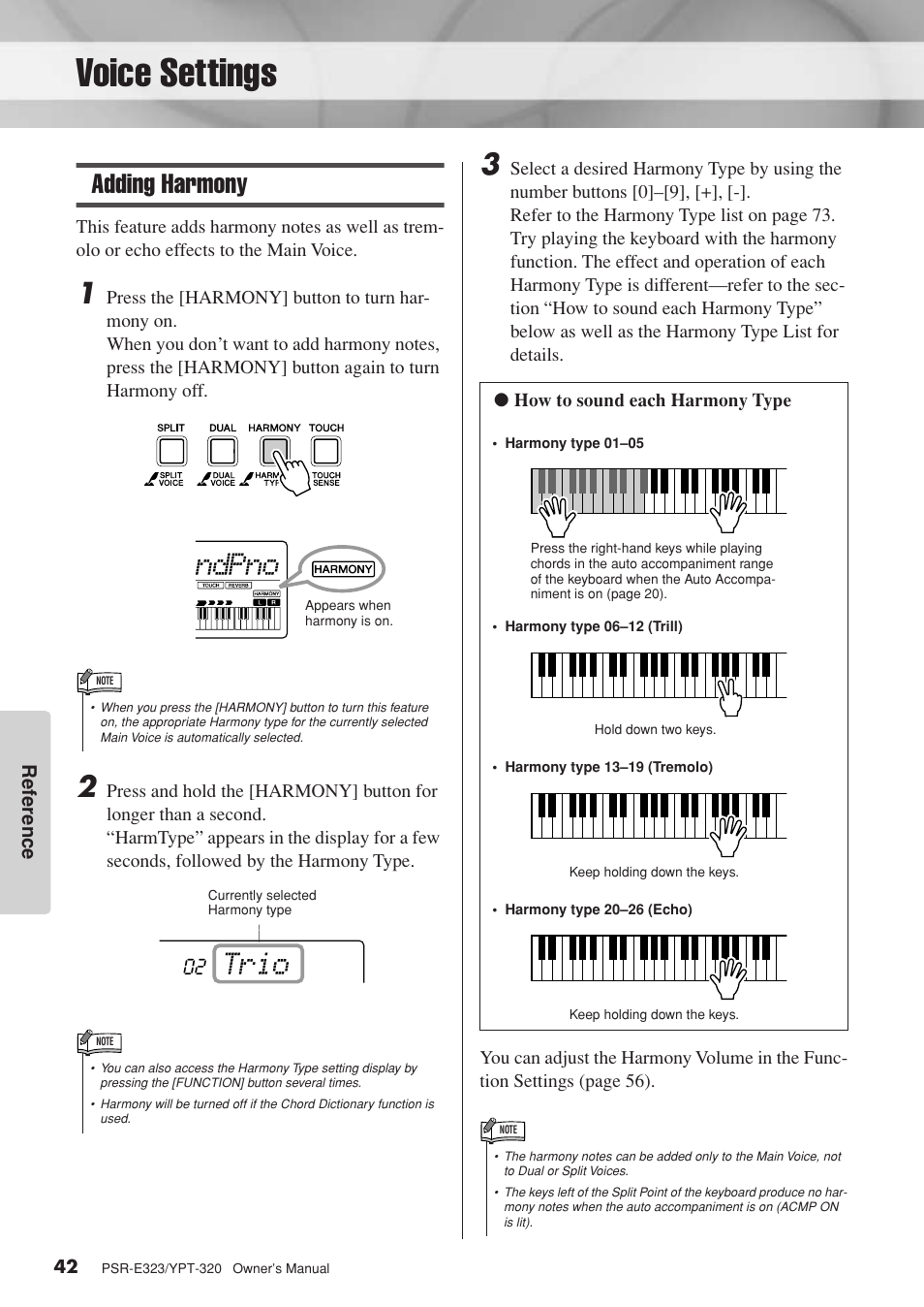 Voice settings, Adding harmony, Ndpno | Trio | Yamaha YPT-320  EN User Manual | Page 42 / 80