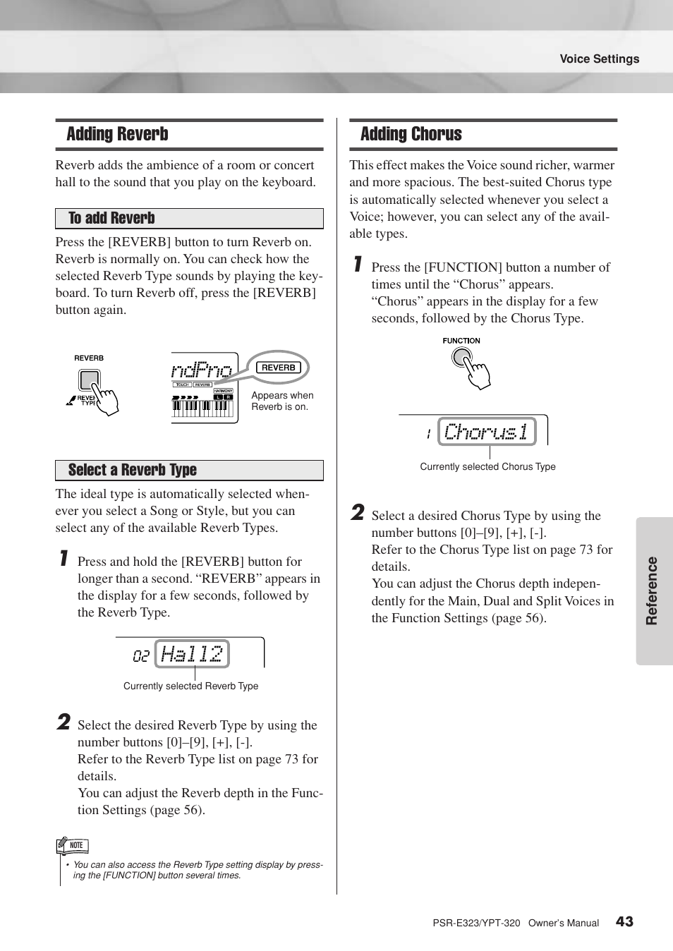 Adding reverb, Adding chorus, Adding reverb adding chorus | Ndpno hall2, Chorus1 | Yamaha YPT-320  EN User Manual | Page 43 / 80