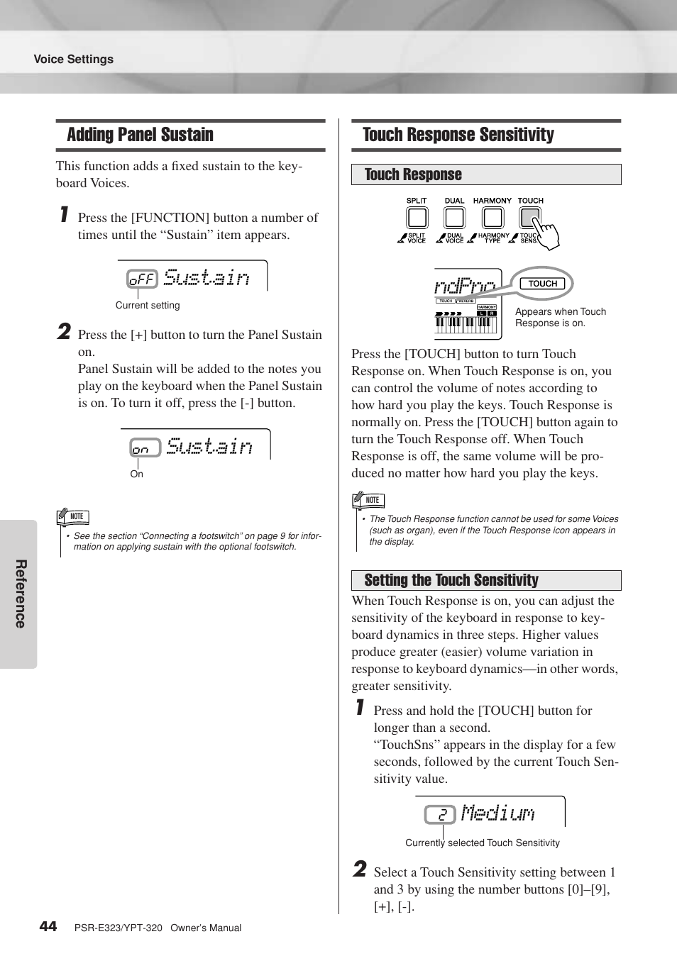 Adding panel sustain, Touch response sensitivity, Adding panel sustain touch response sensitivity | Sustain, Ndpno, Medium, Touch response setting the touch sensitivity | Yamaha YPT-320  EN User Manual | Page 44 / 80