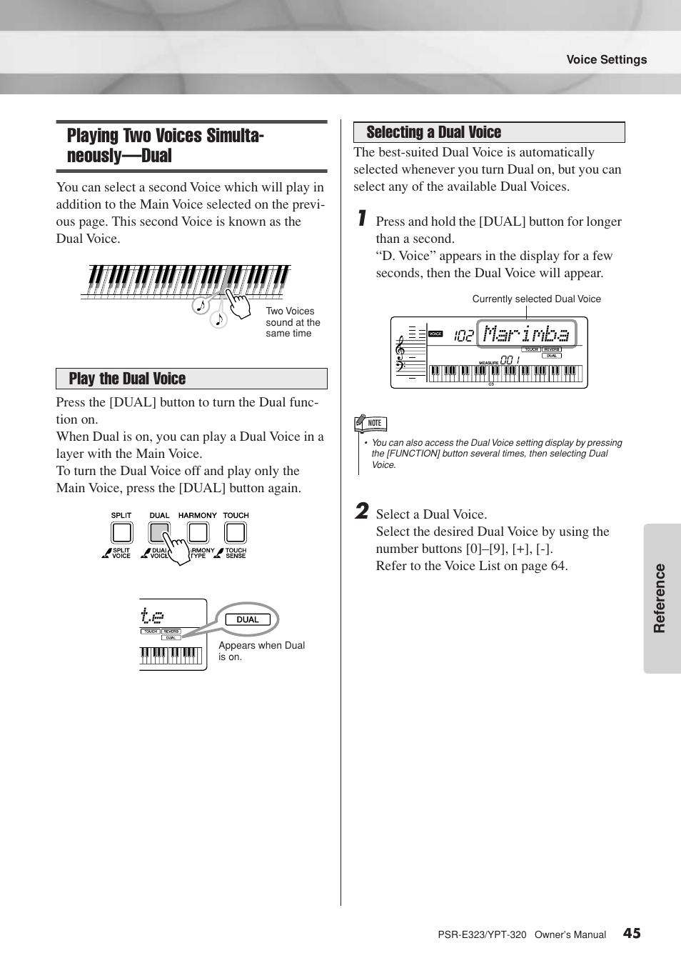 Playing two voices simultaneously-dual, Playing two voices simultaneously—dual, Marimba | Playing two voices simulta- neously—dual, Play the dual voice, Selecting a dual voice | Yamaha YPT-320  EN User Manual | Page 45 / 80