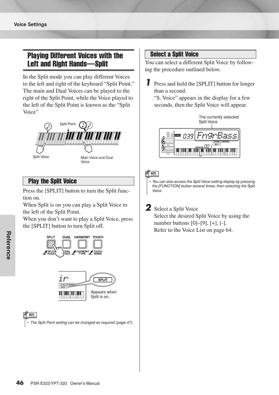 Playing different voices with the left and right, Hands—split, Fngrbass | Play the split voice, Select a split voice | Yamaha YPT-320  EN User Manual | Page 46 / 80