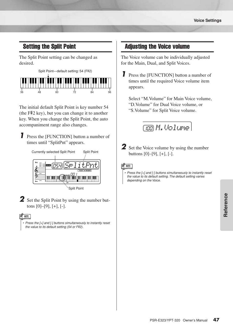 Setting the split point, Adjusting the voice volume, Setting the split point adjusting the voice volume | Splitpnt, M.volume | Yamaha YPT-320  EN User Manual | Page 47 / 80