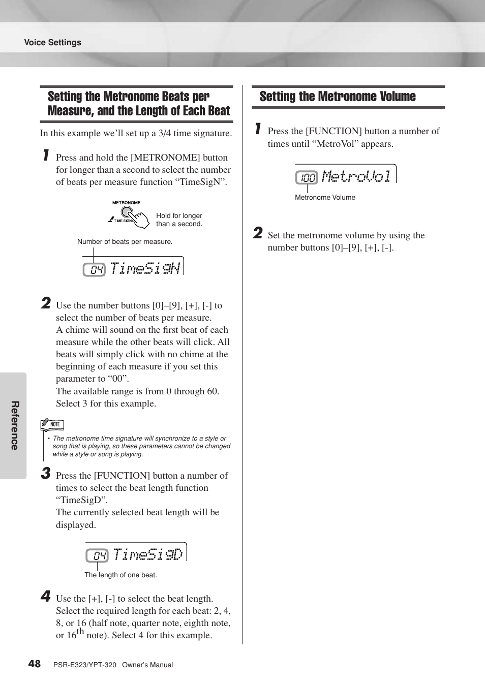 Setting the metronome volume, Setting the metronome beats per measure, And the length of each beat | Timesign, Timesigd, Metrovol | Yamaha YPT-320  EN User Manual | Page 48 / 80
