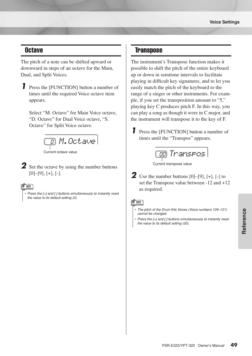 Octave, Transpose, Octave transpose | M.octave, Transpos | Yamaha YPT-320  EN User Manual | Page 49 / 80