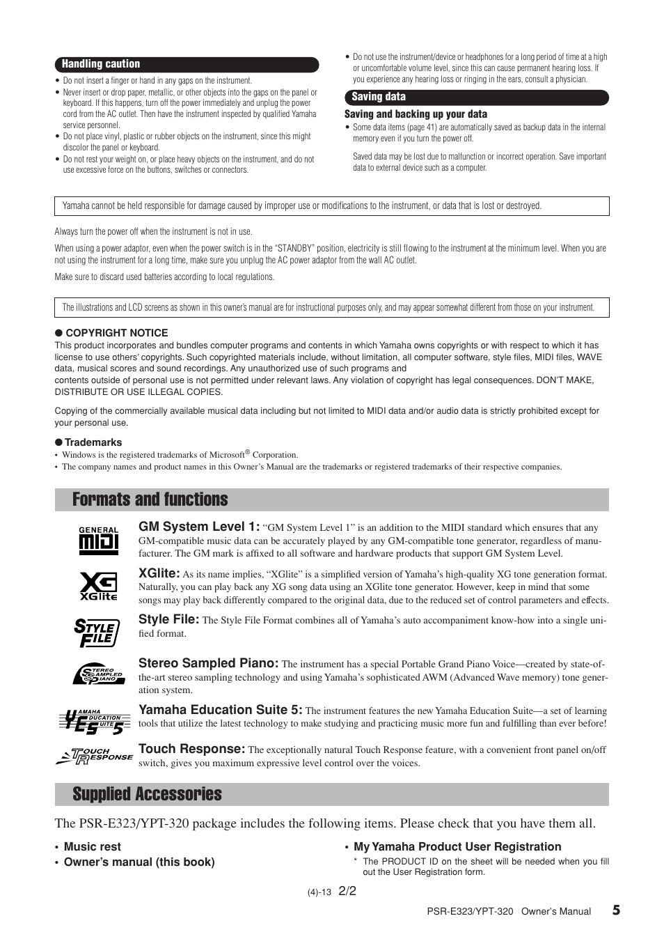Formats and functions, Supplied accessories, Formats and functions supplied accessories | Gm system level 1, Xglite, Style file, Stereo sampled piano, Yamaha education suite 5, Touch response | Yamaha YPT-320  EN User Manual | Page 5 / 80
