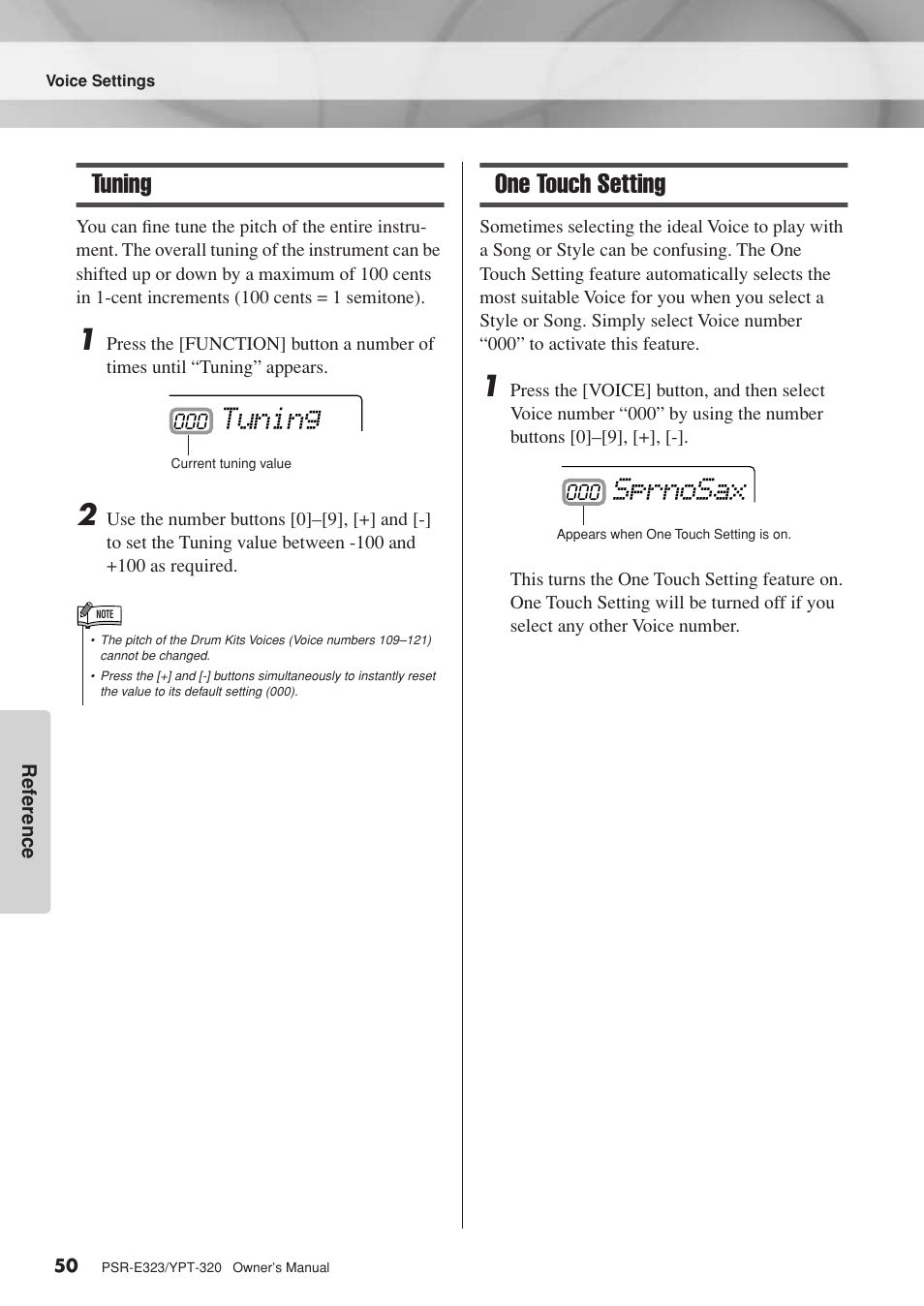 Tuning, One touch setting, Tuning one touch setting | Sprnosax | Yamaha YPT-320  EN User Manual | Page 50 / 80