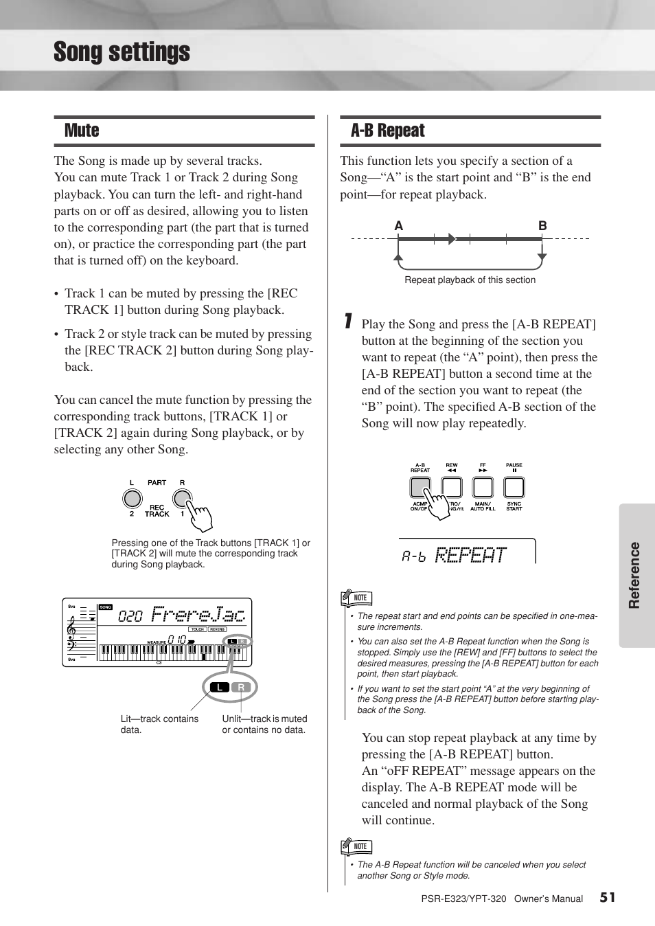 Song settings, Mute, A-b repeat | Mute a-b repeat, Frerejac, Repeat | Yamaha YPT-320  EN User Manual | Page 51 / 80