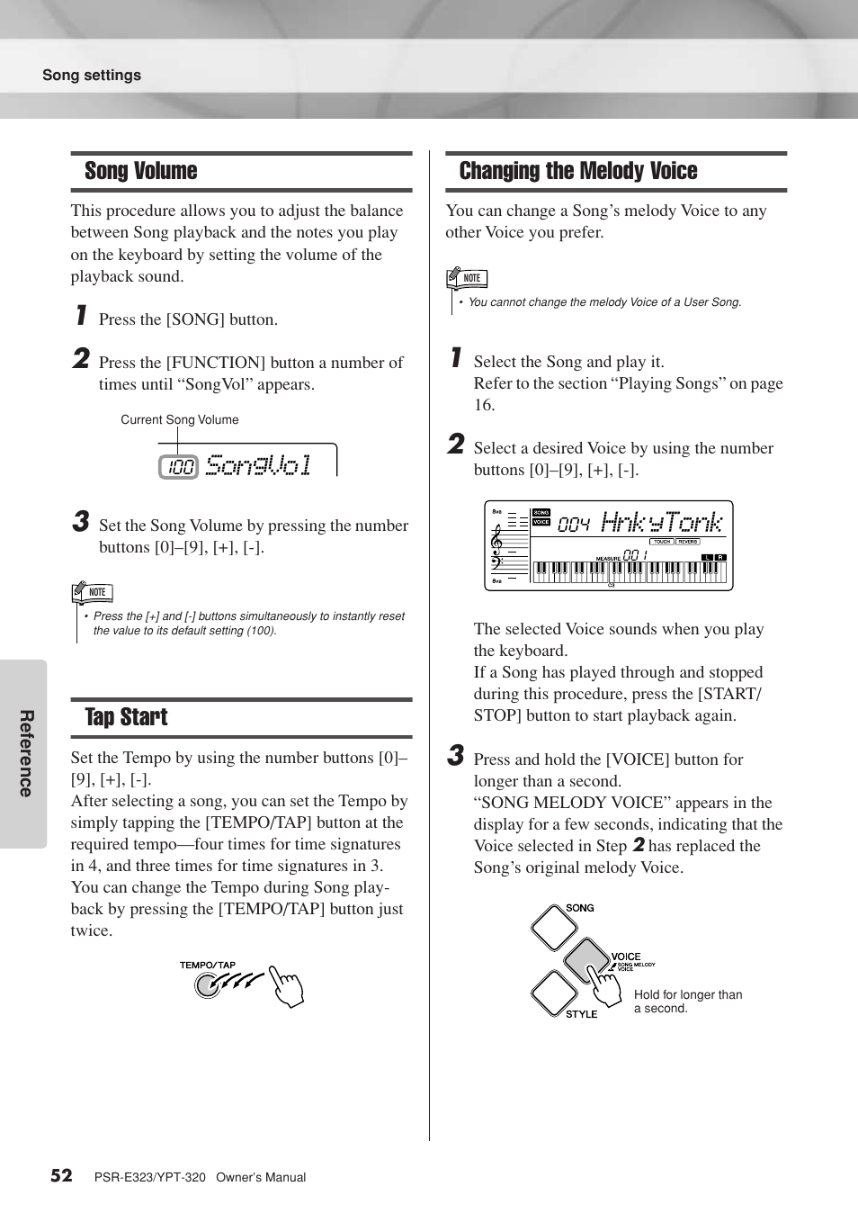 Song volume, Tap start, Changing the melody voice | Song volume tap start changing the melody voice, Songvol, Hnkytonk | Yamaha YPT-320  EN User Manual | Page 52 / 80