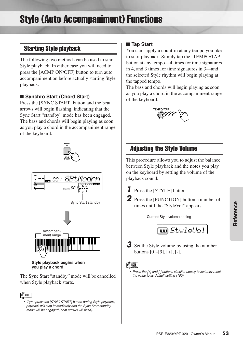 Style (auto accompaniment) functions, Starting style playback, Adjusting the style volume | Starting style playback adjusting the style volume, 8btmodrn, Stylevol | Yamaha YPT-320  EN User Manual | Page 53 / 80