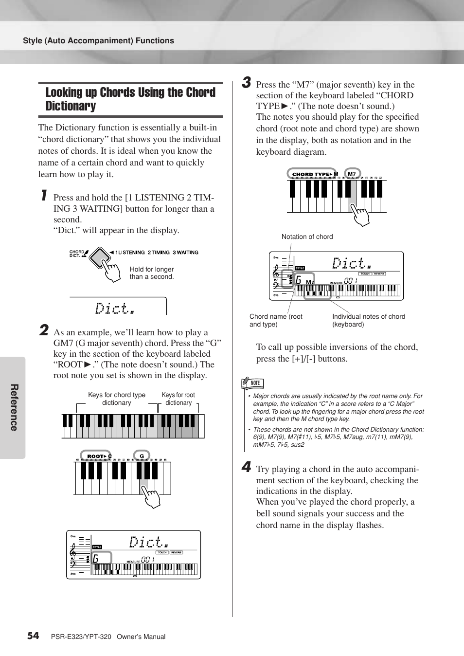 Looking up chords using the chord dictionary, Dict | Yamaha YPT-320  EN User Manual | Page 54 / 80