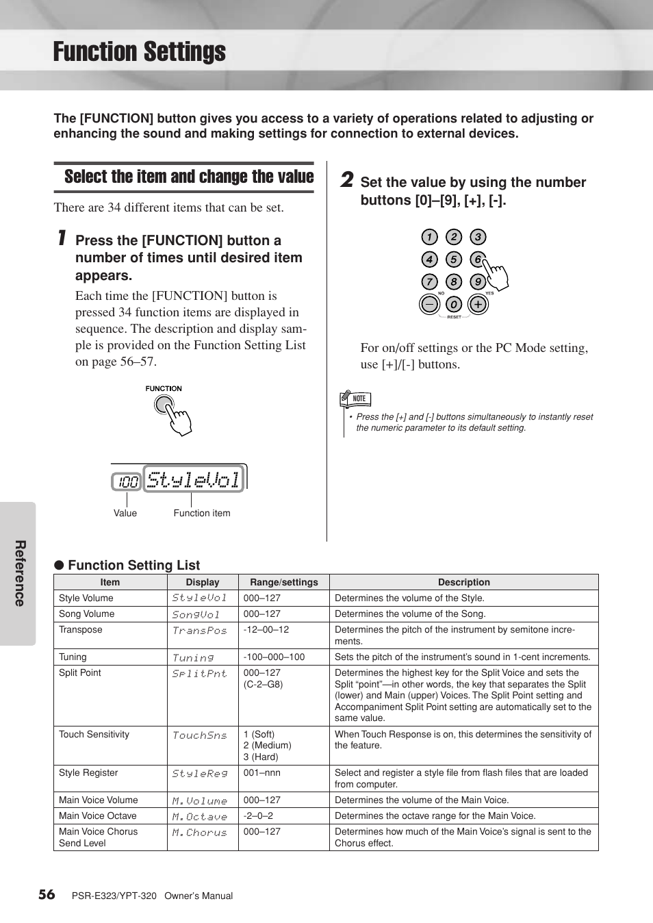 Function settings, Select the item and change the value, Stylevol | Ref erence, Set the value by using the number buttons [0]–[9, There are 34 different items that can be set | Yamaha YPT-320  EN User Manual | Page 56 / 80