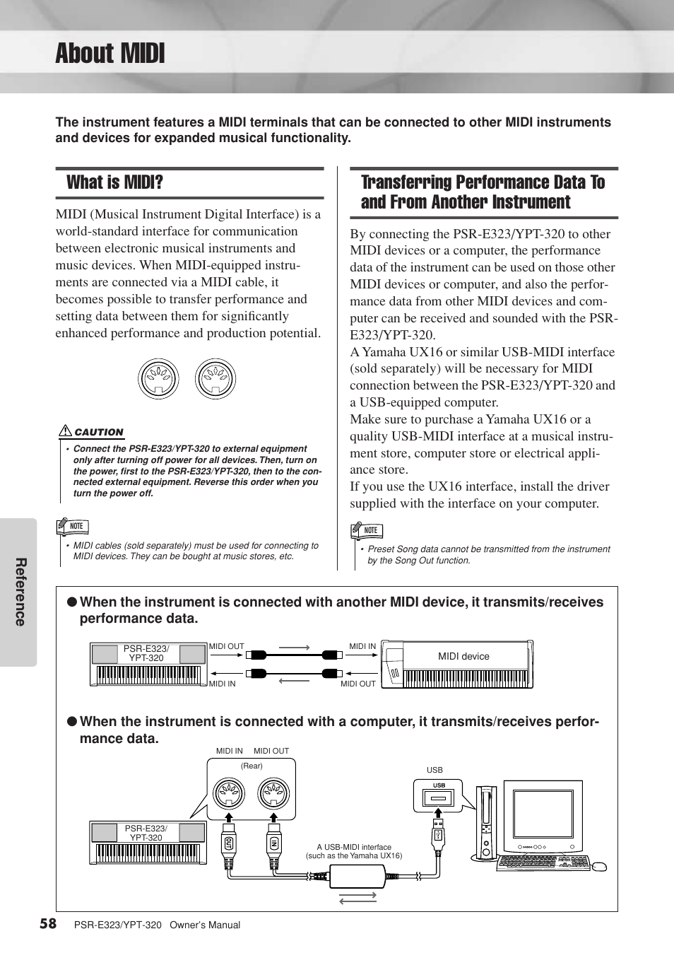 About midi, What is midi, What is midi? transferring performance data to and | From another instrument, Ref erence | Yamaha YPT-320  EN User Manual | Page 58 / 80