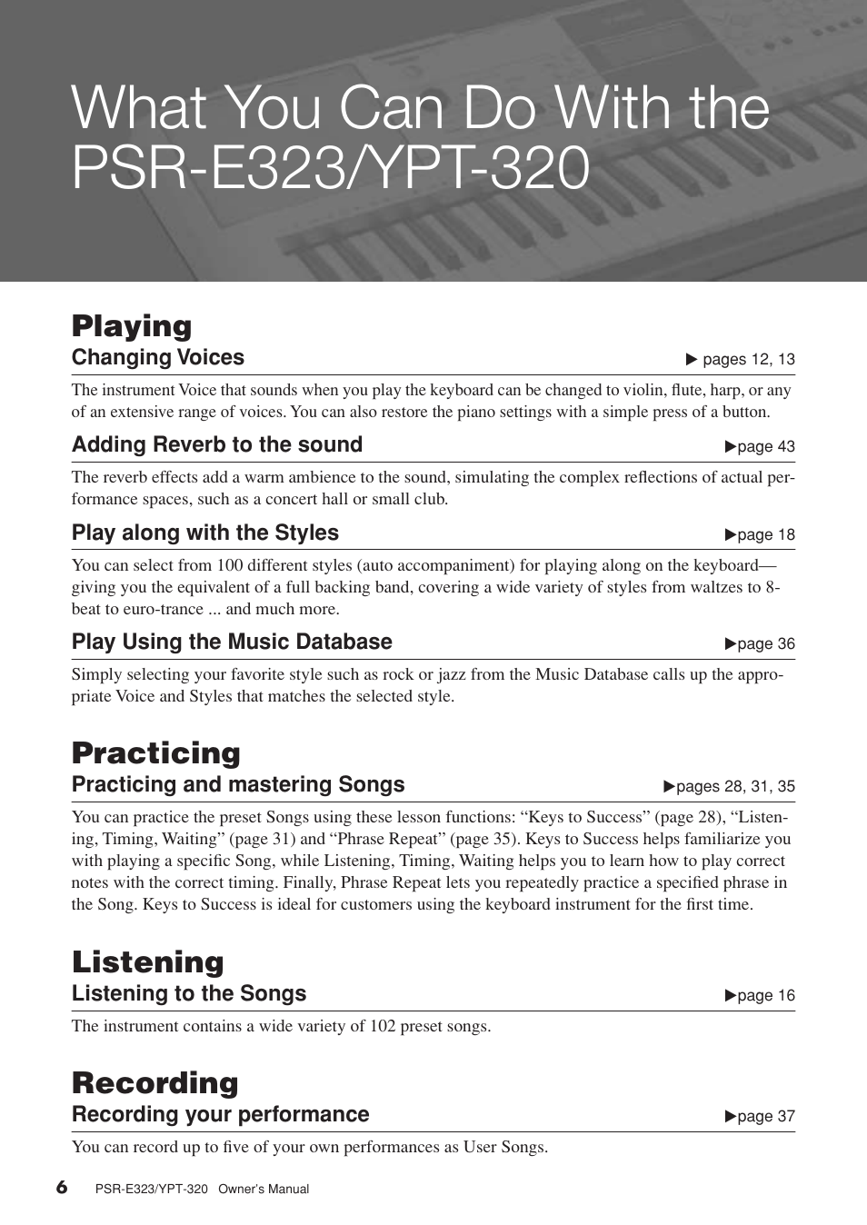 Playing, Practicing, Listening | Recording | Yamaha YPT-320  EN User Manual | Page 6 / 80