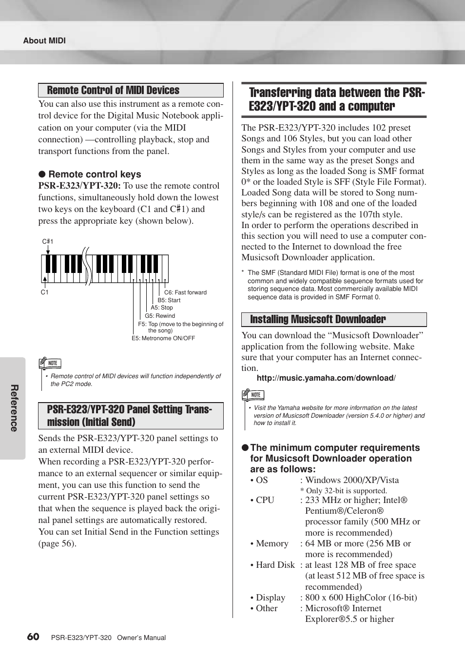 Transferring data between the psr-e323/ypt-320, And a computer, Installing musicsoft downloader | Yamaha YPT-320  EN User Manual | Page 60 / 80