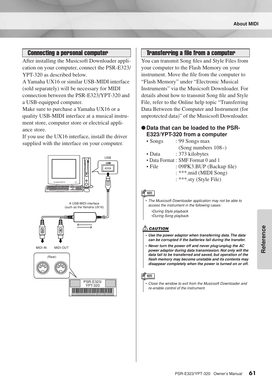 Connecting a personal computer, Transferring a file from a computer, Ref erence | Yamaha YPT-320  EN User Manual | Page 61 / 80