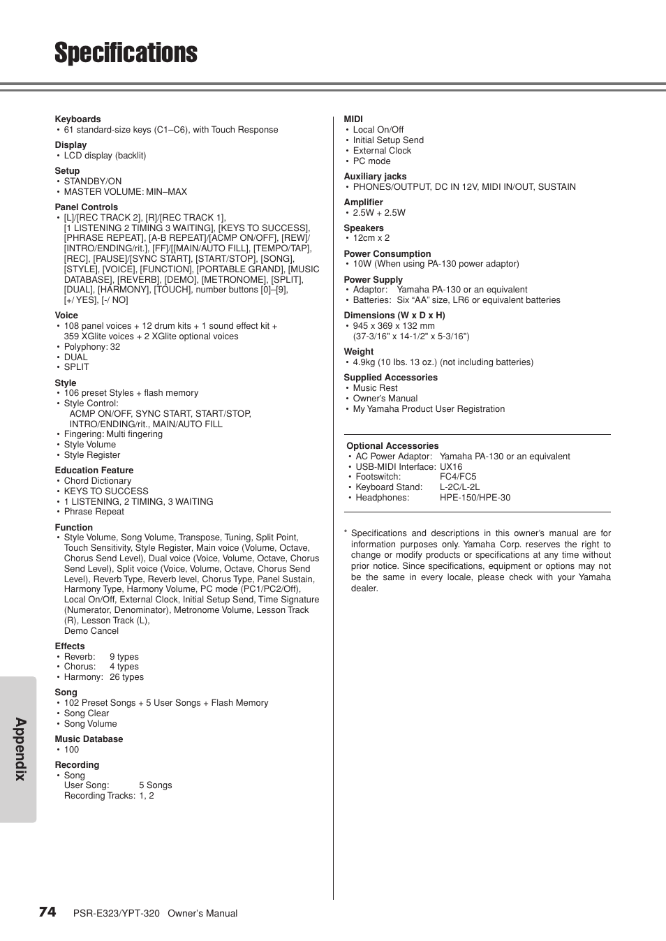 Specifications, Appendix | Yamaha YPT-320  EN User Manual | Page 74 / 80