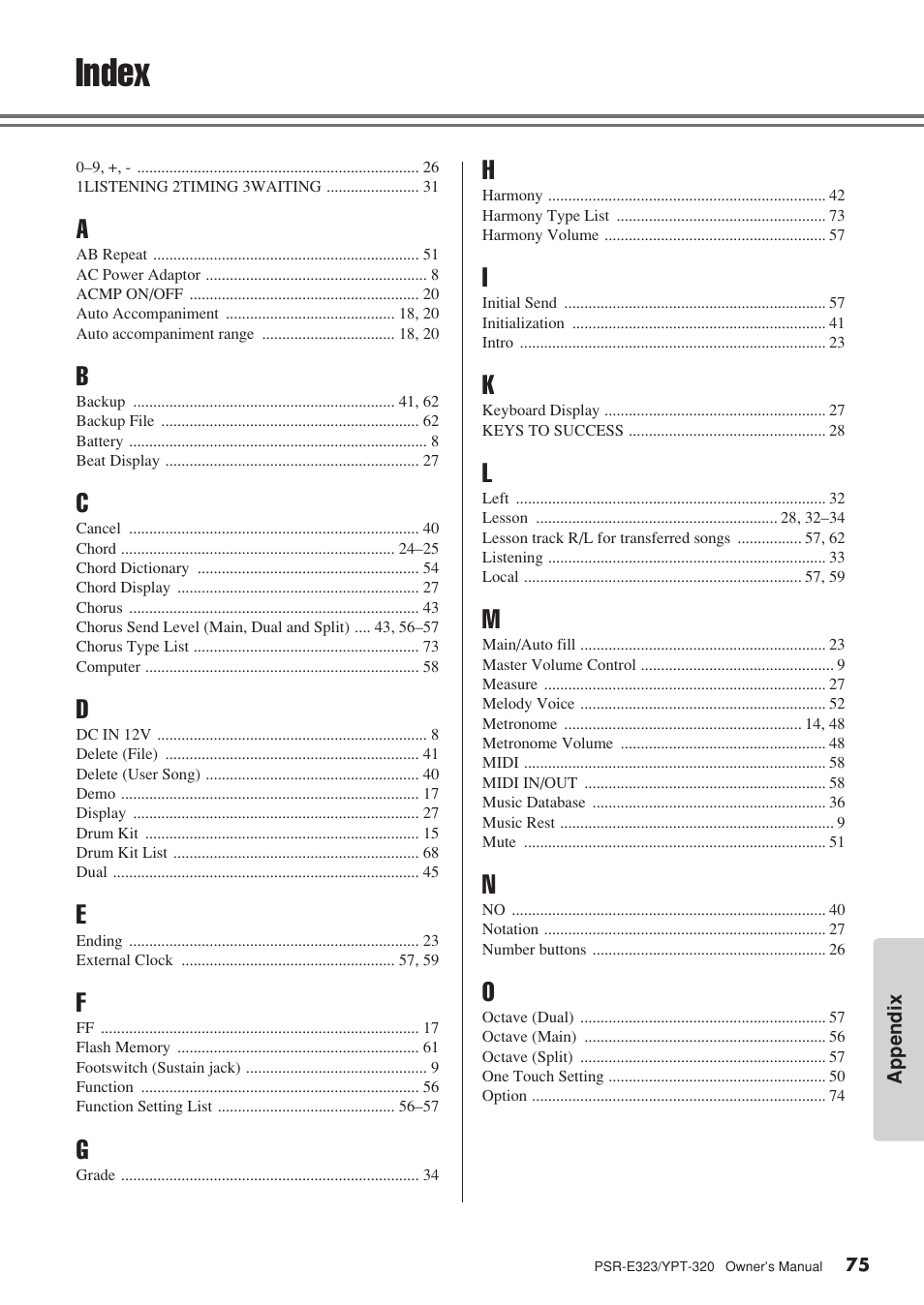 Index | Yamaha YPT-320  EN User Manual | Page 75 / 80
