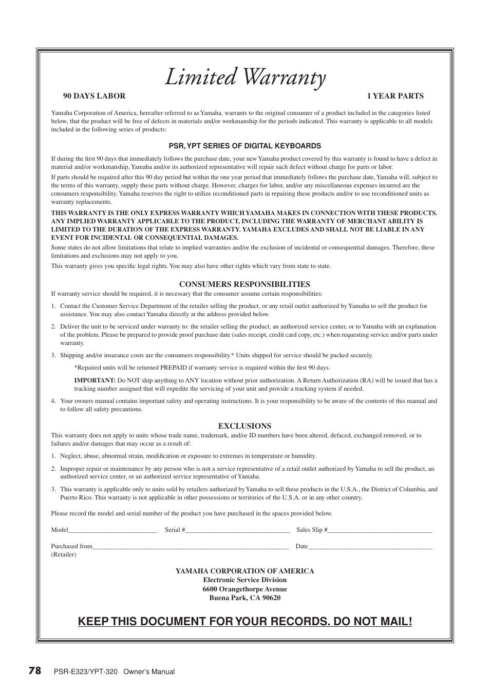 Limited warranty, Keep this document for your records. do not mail | Yamaha YPT-320  EN User Manual | Page 78 / 80