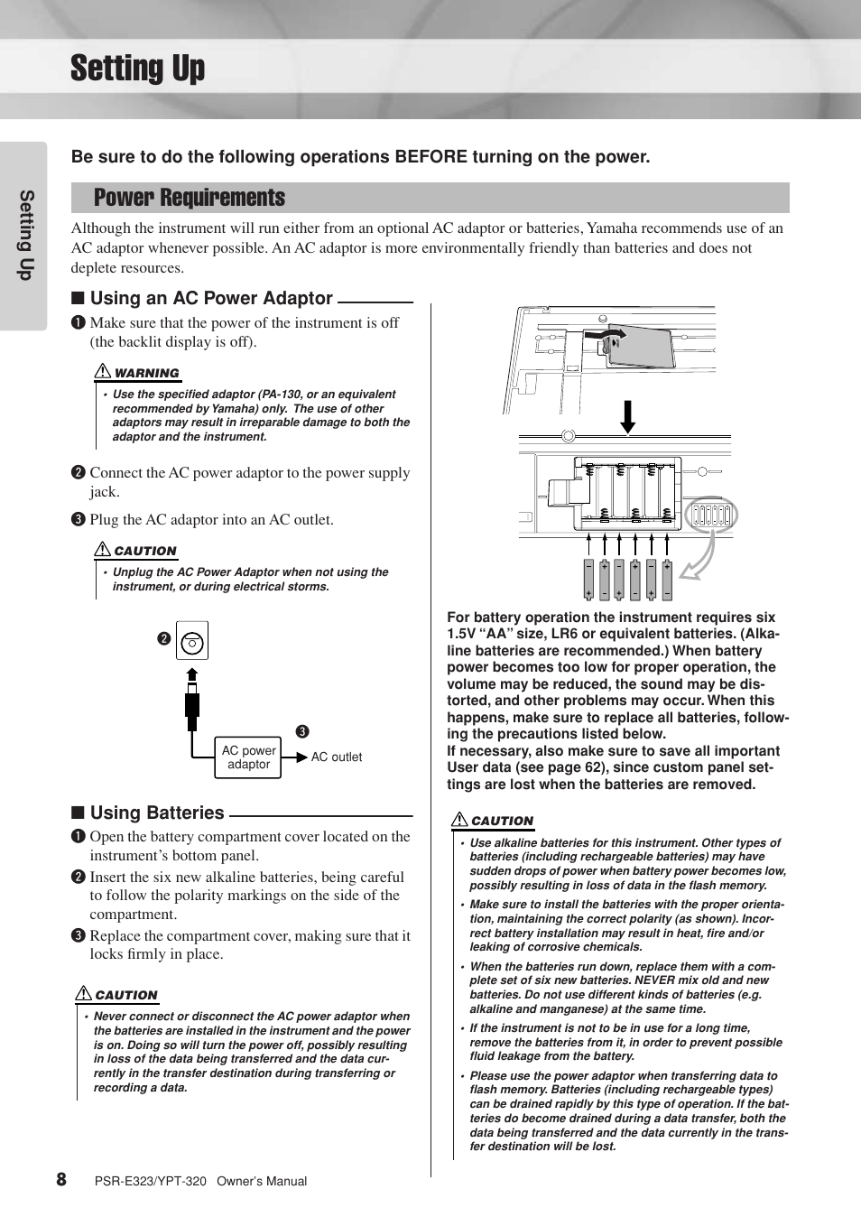 Setting up, Power requirements, Using an ac power adaptor | Using batteries | Yamaha YPT-320  EN User Manual | Page 8 / 80