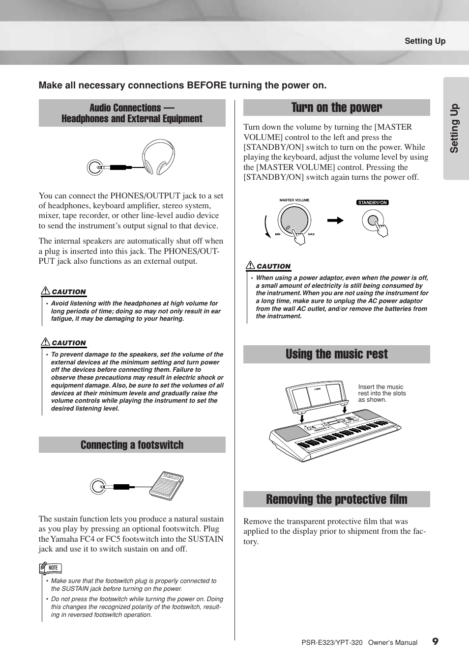 Connecting a footswitch, Turn on the power, Using the music rest | Removing the protective film, Audio connections, Headphones and external equipment, Setting up | Yamaha YPT-320  EN User Manual | Page 9 / 80