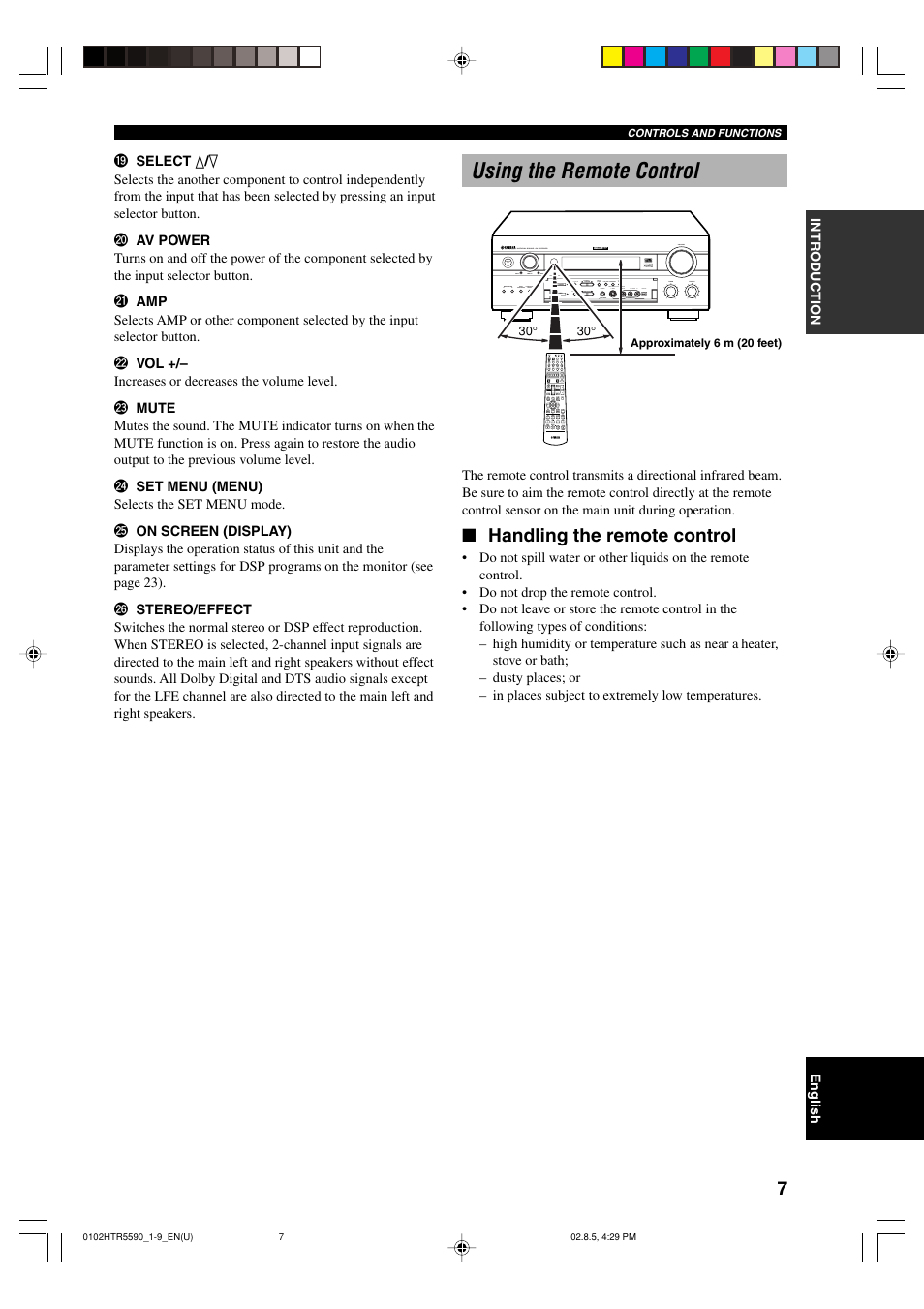 Using the remote control, Handling the remote control | Yamaha HTR-5590 User Manual | Page 11 / 88