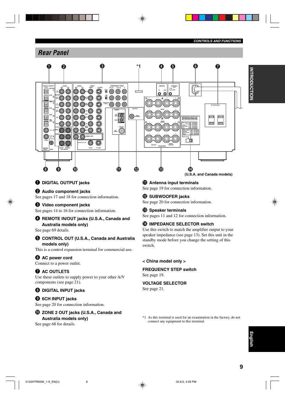 Rear panel, Digital output jacks, Ac power cord connect to a power outlet | Digital input jacks, U.s.a. and canada models) | Yamaha HTR-5590 User Manual | Page 13 / 88