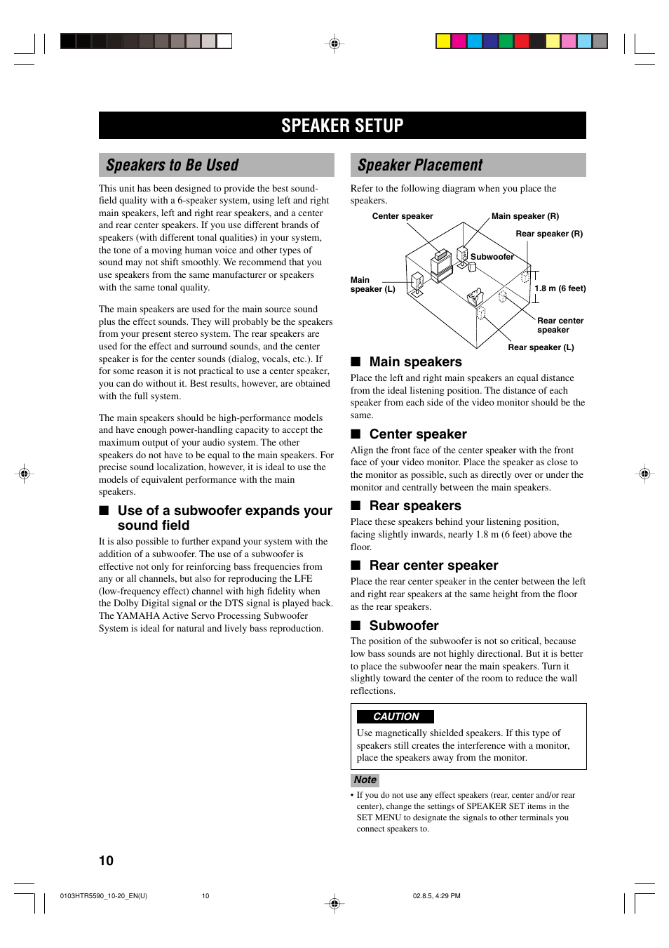 Preparation, Speaker setup, Speakers to be used | Speaker placement, Use of a subwoofer expands your sound field, Main speakers, Center speaker, Rear speakers, Rear center speaker, Subwoofer | Yamaha HTR-5590 User Manual | Page 14 / 88