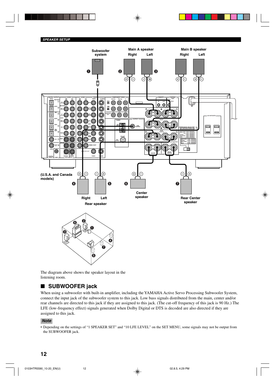 Subwoofer jack, Speaker setup | Yamaha HTR-5590 User Manual | Page 16 / 88