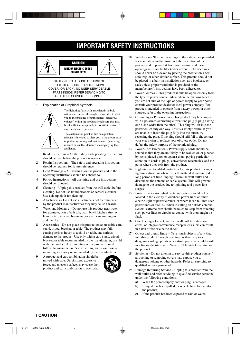 Important safety instructions, I caution | Yamaha HTR-5590 User Manual | Page 2 / 88
