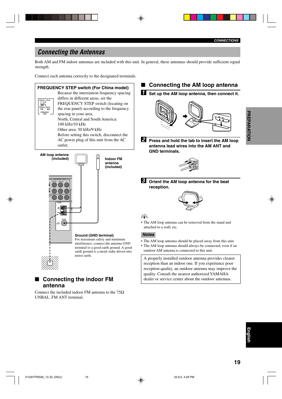 Connecting the antennas, Connecting the am loop antenna, Connecting the indoor fm antenna | Yamaha HTR-5590 User Manual | Page 23 / 88