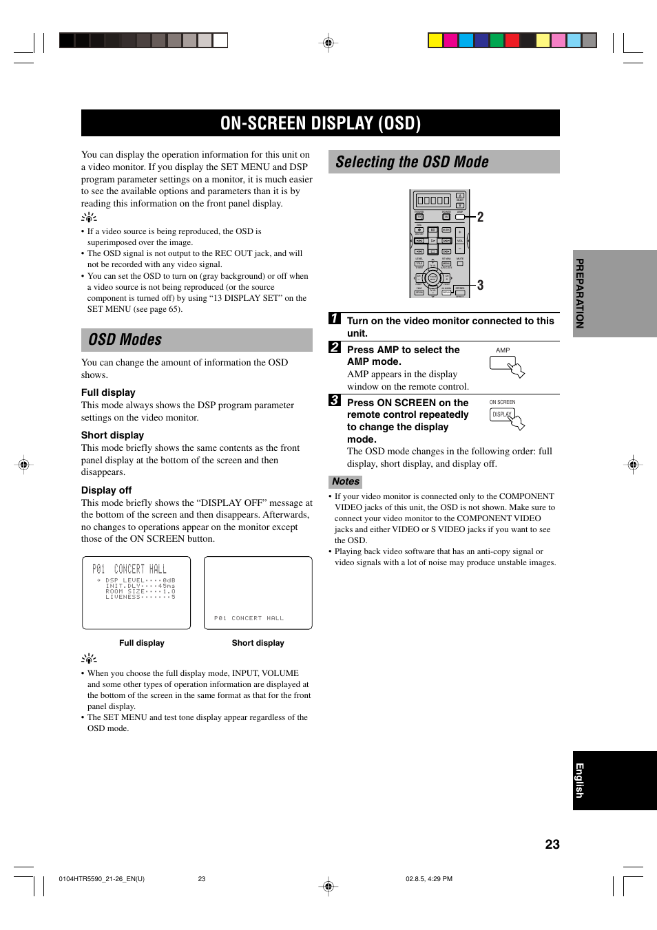 On-screen display (osd), Osd modes, Selecting the osd mode | Selecting the osd mode 1, P01 concert hall, Turn on the video monitor connected to this unit | Yamaha HTR-5590 User Manual | Page 27 / 88