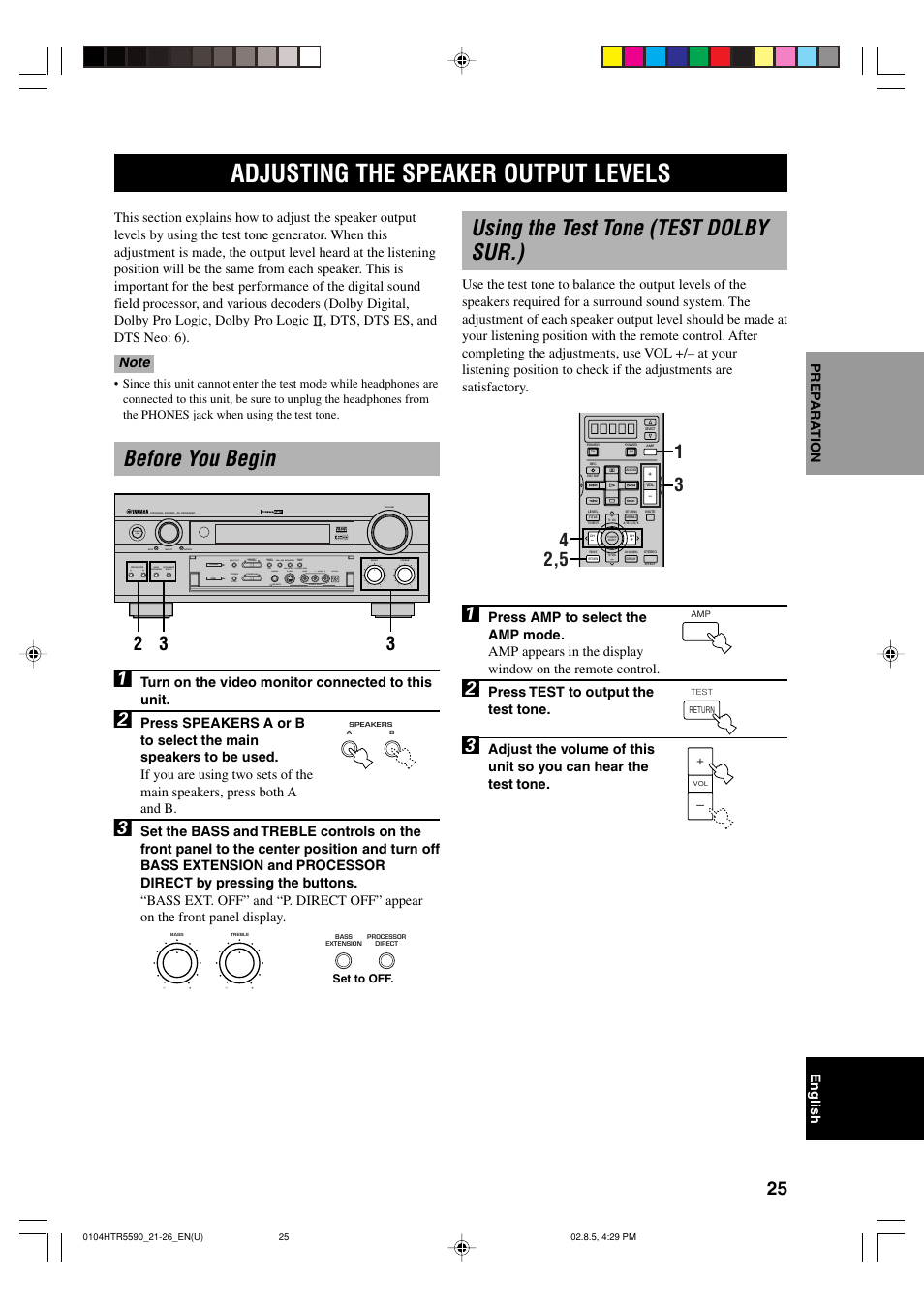 Adjusting the speaker output levels, Before you begin, Using the test tone (test dolby sur.) | Before you begin 1 | Yamaha HTR-5590 User Manual | Page 29 / 88