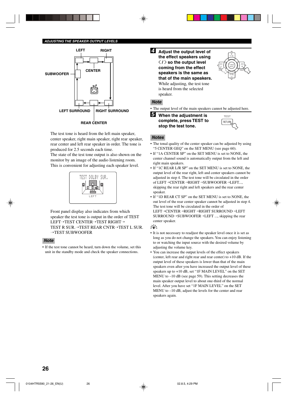 Test dolby sur | Yamaha HTR-5590 User Manual | Page 30 / 88