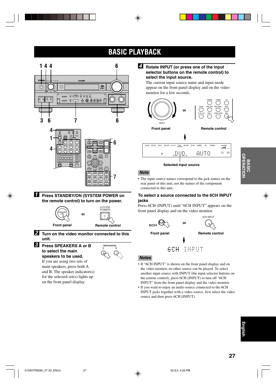 Basic operation, Basic playback, Dvd auto | Turn on the video monitor connected to this unit, Standby /on, Remote control front panel or | Yamaha HTR-5590 User Manual | Page 31 / 88