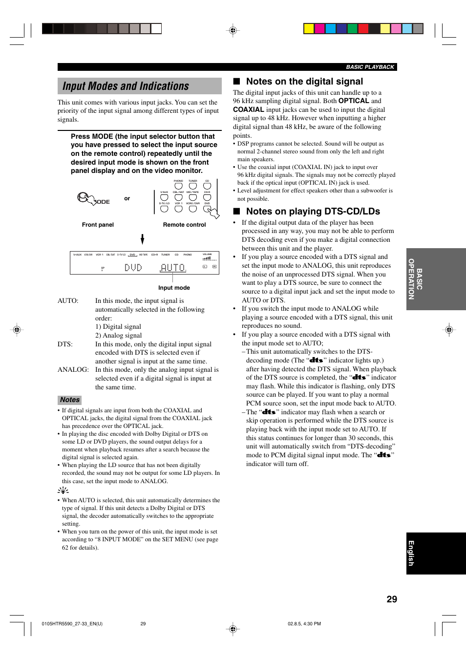 Input modes and indications, Dvd auto | Yamaha HTR-5590 User Manual | Page 33 / 88