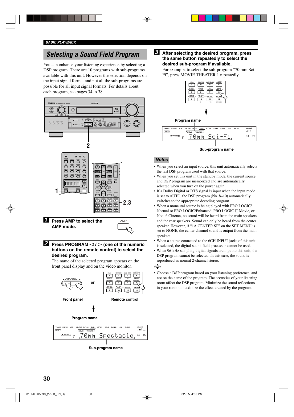 Selecting a sound field program, 70mm sci-fi, 70mm spectacle | Press amp to select the amp mode, Standby /on, Program name sub-program name, Basic playback | Yamaha HTR-5590 User Manual | Page 34 / 88