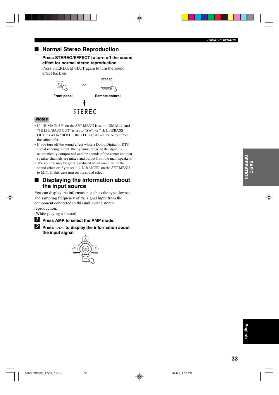 Normal stereo reproduction, Displaying the information about the input source | Yamaha HTR-5590 User Manual | Page 37 / 88