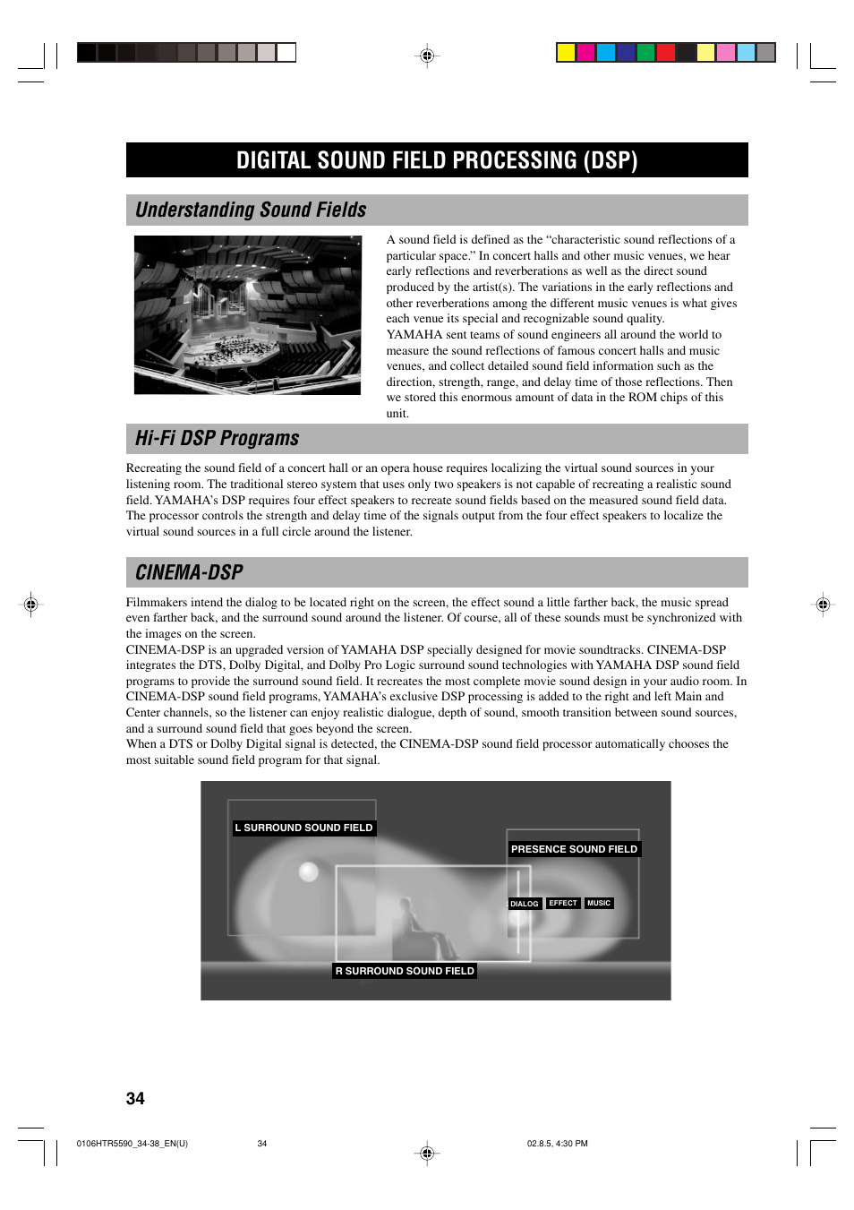 Digital sound field processing (dsp), Understanding sound fields, Hi-fi dsp programs | Cinema-dsp | Yamaha HTR-5590 User Manual | Page 38 / 88
