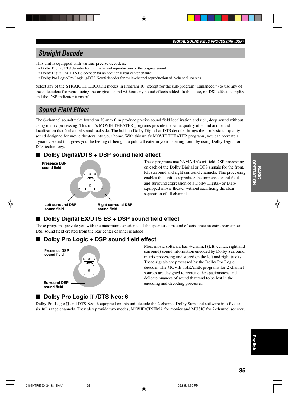 Straight decode, Sound field effect, Dolby digital/dts + dsp sound field effect | Dolby digital ex/dts es + dsp sound field effect, Dolby pro logic + dsp sound field effect, Dolby pro logic /dts neo: 6 | Yamaha HTR-5590 User Manual | Page 39 / 88