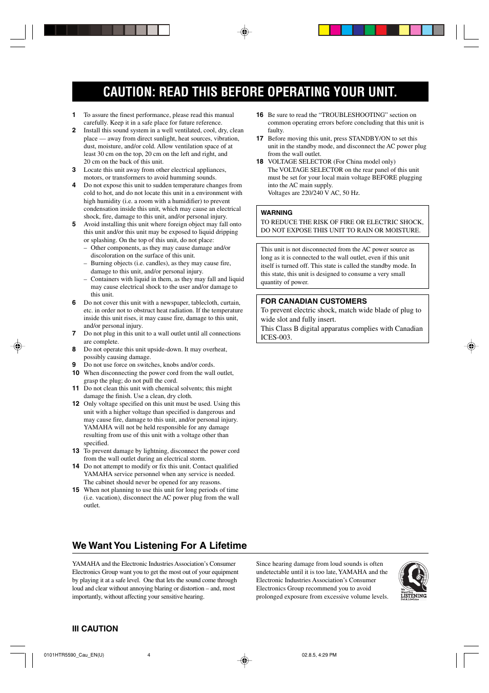 Caution: read this before operating your unit, We want you listening for a lifetime, Iii caution | Yamaha HTR-5590 User Manual | Page 4 / 88