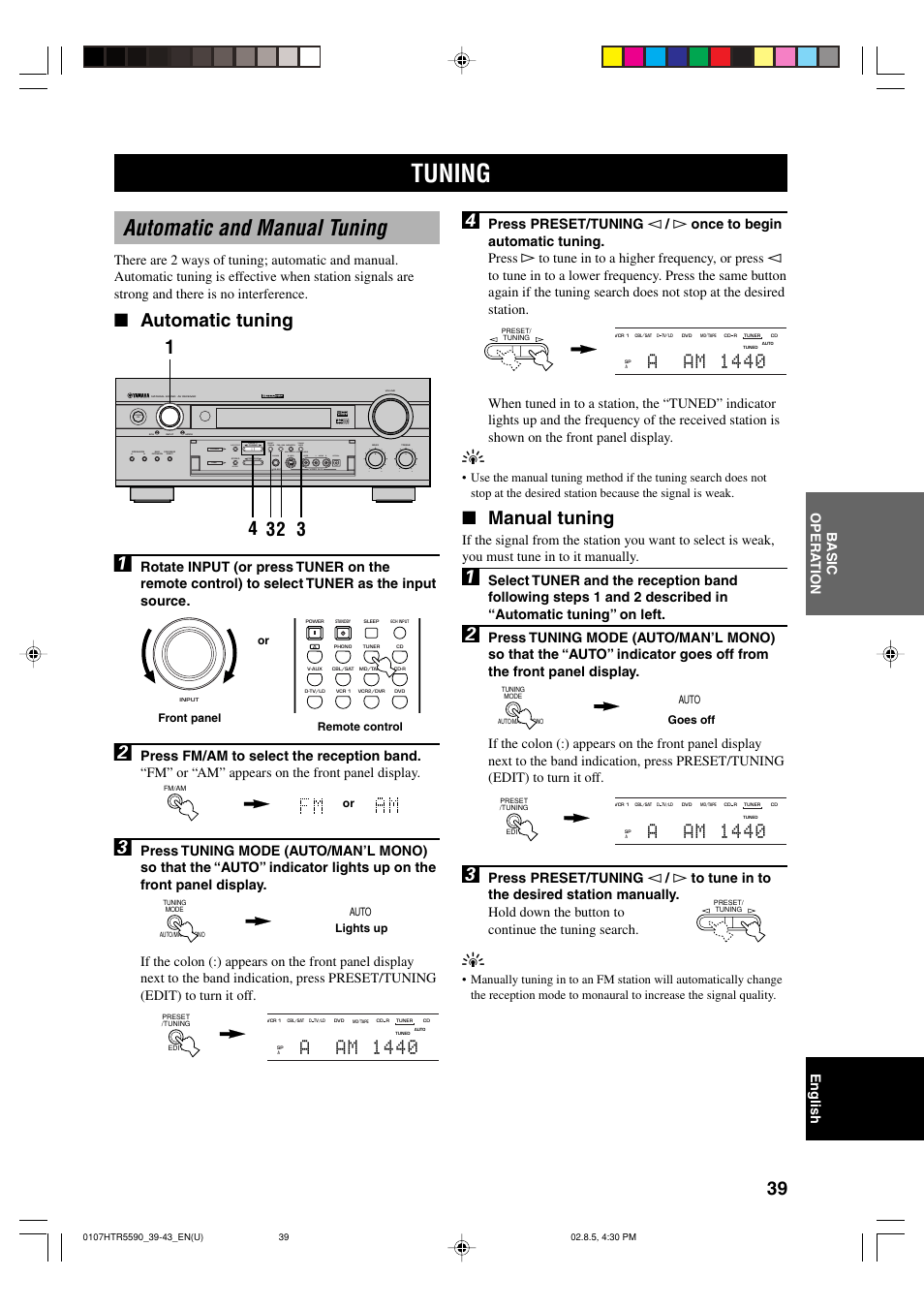 Tuning, Automatic and manual tuning, Manual tuning | Automatic tuning, A~~ am ~ 1440 | Yamaha HTR-5590 User Manual | Page 43 / 88