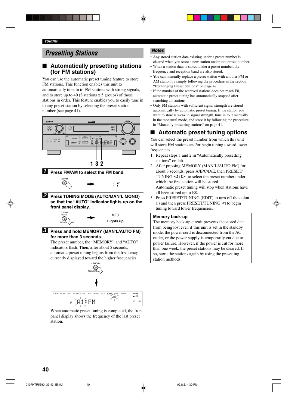 Presetting stations, A1:fm, Automatic preset tuning options | Yamaha HTR-5590 User Manual | Page 44 / 88