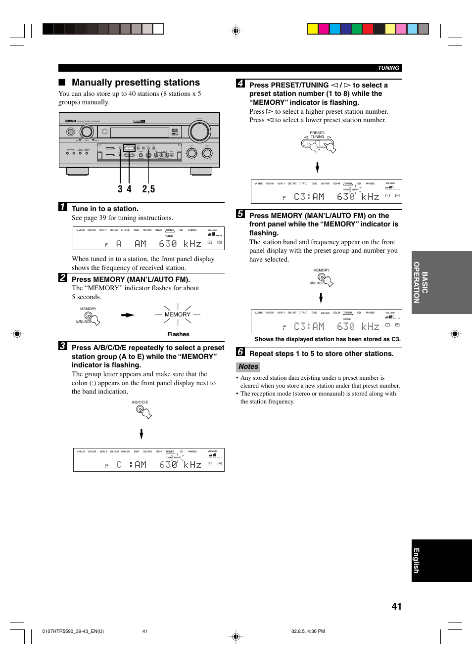 Manually presetting stations, C~ :am ~~ 630 ~ khz, A~ am ~~ 630 ~ khz | C3:am ~ 630 ~ khz, Standby /on | Yamaha HTR-5590 User Manual | Page 45 / 88